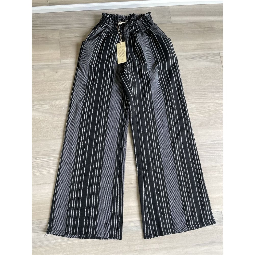 ELAN PANTS SIZE Small WOMEN'S Black Cream Stripe WIDE LEG Leg NWT!